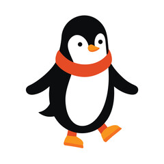 Cute cartoon penguin wearing an orange scarf walking happily in winter