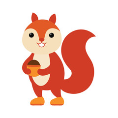 Cute cartoon squirrel holding an acorn with a fluffy tail and smiling face