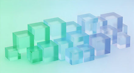 Abstract Composition of Geometric Transparent Cubes in Varying Sizes and Hues in a Soft Blue and Green Background
