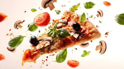 Flying pizza slice with ingredients isolated on transparent white background