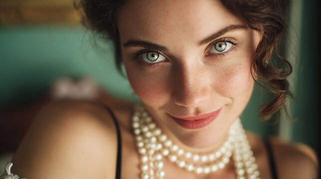 A woman with striking blue-green eyes and a pearl necklace gazes alluringly at the viewer