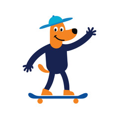 Cartoon orange dog wearing a blue hat and dark blue clothes riding a skateboard