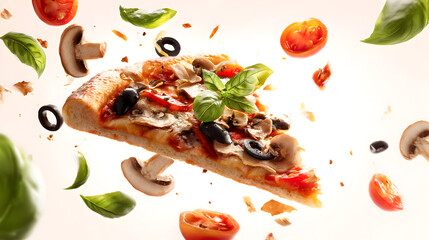 Flying pizza slice with ingredients isolated on transparent white background