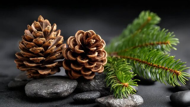 Natural arrangement of pinecones and green spruce branches on dark pebbles in cozy indoor setting
