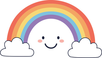 Whimsical rainbow cloud character smiling with colorful arc against white space isolated on transparent background
