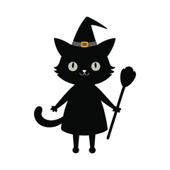 Cute black cat wearing a witch hat holding a broomstick for halloween. helloween icon.