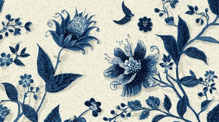 Blue Floral and Bird Seamless Pattern