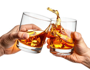 Two hands clinking glasses of amber whiskey in a celebratory toast.