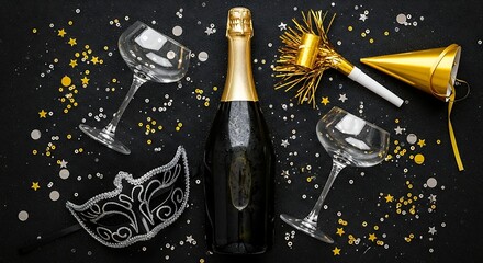 Midnight Masquerade - Festive Flat Lay with Champagne, Coupe Glasses, and Gilded Confetti.