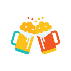 Two colorful beer mugs clinking together with foamy heads and celebratory confetti. beer mug icon.