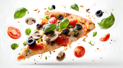Flying pizza slice with ingredients isolated on transparent white background