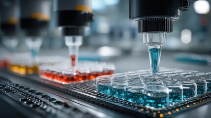 Automated liquid handling action in a clean minimalist lab science content high-tech environment focused viewpoint for efficiency