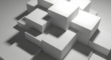 Abstract Geometric Composition of White Cubes with Shadows on a Light Surface in a Minimalist Studio Space