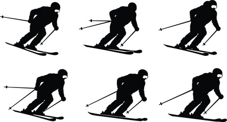Silhouette of skier performing downhill skiing with poles, winter sport athlete in motion, extreme snow slope skiing vector illustration art