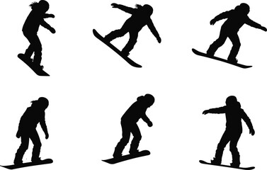 Obraz premium Silhouette of snowboarder performing tricks and jumps on snow, winter sport athlete illustration, extreme snowboarding action pose collection vector art