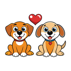 Two adorable cartoon puppies sitting together with a red heart above them