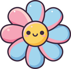 Cute kawaii flower with pink and blue petals and a happy face simple cartoon design isolated on transparent background