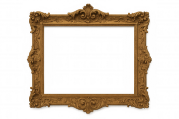 Ornate gold antique picture frame with baroque rococo style carvings, empty classic vintage border on transparent background