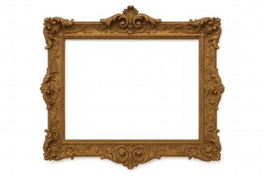 Ornate gold antique picture frame with baroque rococo style carvings, empty classic vintage border on transparent background