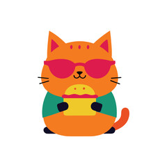 Cute cartoon orange tabby cat wearing pink sunglasses and a colorful shirt holding a sandwich. cat icon.