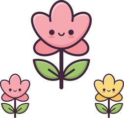 Cute cartoon flowers set adorable pink yellow blossoms with happy faces simple floral art isolated on transparent background