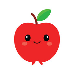 Cute kawaii red apple character with green leaf and happy smiling face