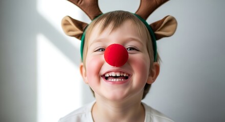 Joyful Child with Reindeer Antlers and Red Nose, Christmas Portrait, Smiling Face.