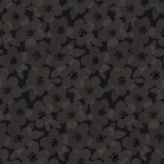 Seamless floral pattern, abstract ditsy print with dried plants in dark colors. Vintage botanical design motif of small hand drawn flowers, leaves, flora on black surface. Gothic fashion print.