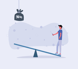 Man on seesaw ready to drop weight with remote controller to Launch himself. throw high