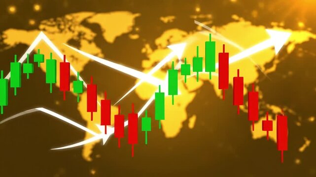 Looping 2D animation of candlestick patterns rising in green and falling in red, accompanied by dynamic arrows following the trend direction. Elegant motion over a blurred golden world map background.