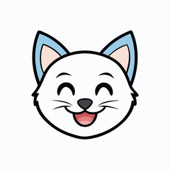 Cute cartoon white cat face with blue ears and happy expression sticking out its tongue. cat head cartoon character