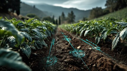 Digital interface showcasing data insights in a lush vineyard landscape agricultural technology visualization