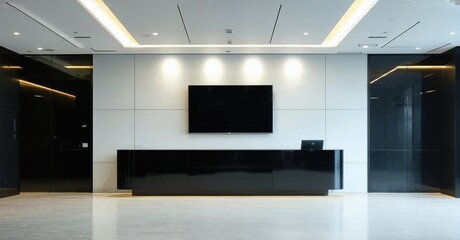 Minimalist glossy black tv off hospital reception lounge with ceiling lights