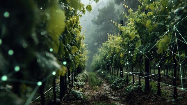 Exploring data visualization in a lush vineyard digital interface enhancing agricultural insights in nature's bounty