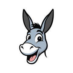 Happy cartoon donkey head with big ears and a wide smile on white background. donkey head cartoon character.