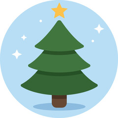Flat festive green christmas tree icon with snowflakes and star topper on blue circle background isolated on transparent background