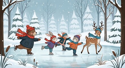 Whimsical Winter Wonderland - Adorable Animals Ice Skating Joyfully in a Snowy Forest Scene.