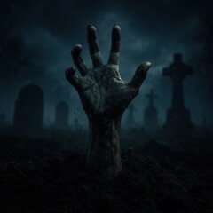 Zombie hand rising from grave at night