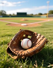 Baseball Glove and Ball Resting on Green Grass of an Empty Field