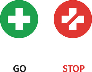 Green go plus symbol and red stop cross symbol icons representing choices and decisions isolated on transparent background