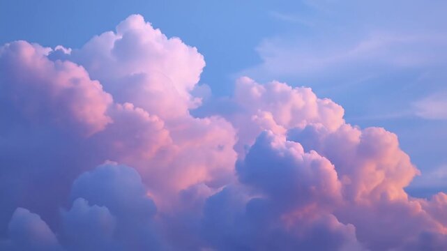 A breathtaking time-lapse captures the serene and dynamic beauty of fluffy cumulus clouds drifting across a vast sky. Illuminated by the warm, soft light of either dawn or dusk, these majestic clouds 