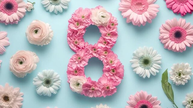 A simple design featuring the number 8 surrounded by flowers on a blue background, suitable for use in educational or commercial contexts