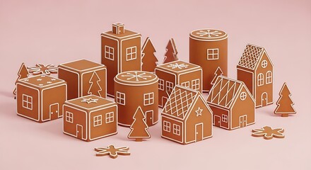 Whimsical Gingerbread Village - Miniature Houses and Trees on Soft Pink Background, Festive Holiday Scene.