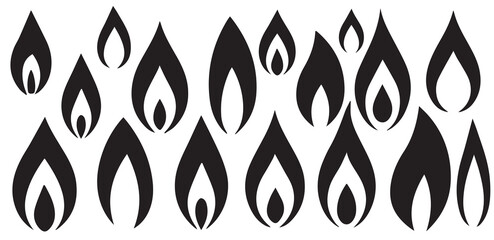 Collection of stylized black flame icons representing fire and energy
