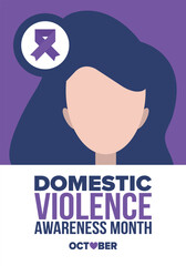 Domestic Violence Awareness Month in October. Celebrate annual in United States. Awareness purple ribbon. Day of Unity. Prevention campaign. Stop women abuse. Poster, banner and background. Vector