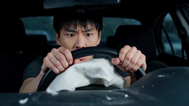 Portrait of a young asian man in shock after a car crash. The deployed airbag is visible on the steering wheel, and he is scared