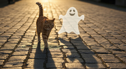 Halloween Spooky Sunset Scene with Cat and Cartoon Spirit Greeting