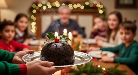 Candlelit Christmas Pudding with Holly, Presented to Joyful Family at Festive Dinner Table.