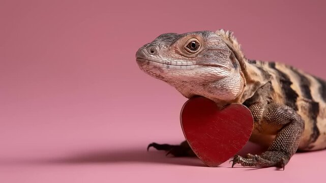 A lizard with patterned skin embraces a red heart-shaped object against a pink backdrop