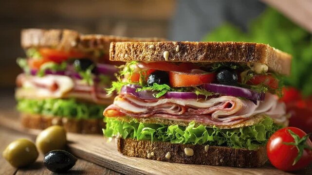 A captivating close-up highlights two freshly assembled, appetizing sandwiches presented on a rustic wooden surface. Each meticulously layered sandwich features wholesome, toasted whole-grain bread br